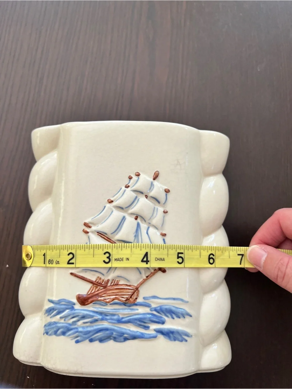 Abingdon Clipper Ship Pottery Vase with Sailboat - White with Blue Nautical